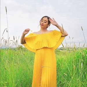 Mustard Yellow Off-Shoulder Pleated Maxi Dress